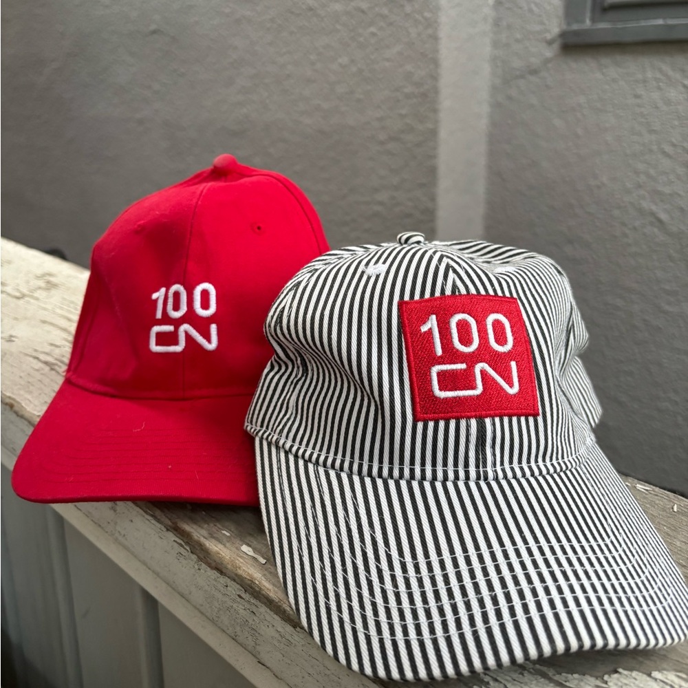 Red and Striped 100 CN Caps train hats